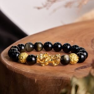 Quiet Warmth, Worn Daily. Gold Sheen Obsidian PiXiu Om Mani Padme Hum Bracelet by AetherFate
