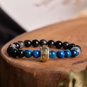 Gentle Focus, Worn Daily. Silver Sheen Obsidian Blue Tiger Eye Om Mani Padme Hum Bracelet by AetherFate