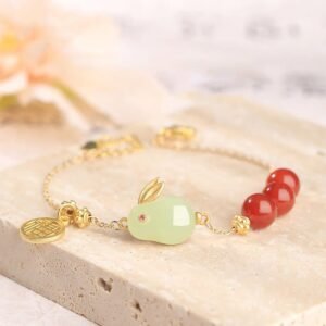 Quiet Wisdom, Worn Daily. Red Agate Beaded Hetian Jade Rabbit Fu Character Buckle Chain Bracelet by AetherFate