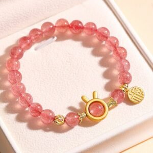 For When You Need Gentle Clarity | Strawberry Quartz Rabbit Fu Character Charm Love Bracelet | AetherFate