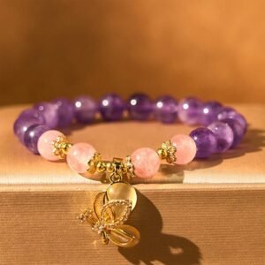 Quiet Calm, Worn Daily. Amethyst Strawberry Quartz Crystal Butterfly Charm Bracelet by AetherFate