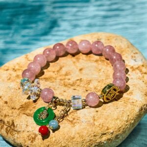 Quiet Wisdom, Worn Daily. Strawberry Quartz Jade Fu Character Charm Bracelet by AetherFate