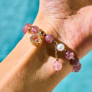 Strawberry Quartz Pearl Four Leaf Clover Charm Bracelet | Your Quiet Daily Anchor for Gentle Clarity | AetherFate