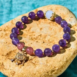 Amethyst Strawberry Quartz Peace Lock Charm Positive Bracelet | Your Quiet Daily Anchor for Quiet Calm | AetherFate