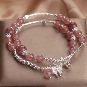 Buddha Stones Natural Strawberry Quartz Bow-knot Rosette Charm Healing Double Wrap Bracelet