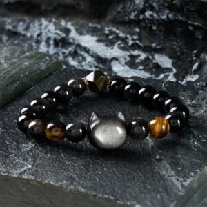 For When You Need Gentle Focus | Silver Sheen Obsidian Beads Cute Cat Soothing Bracelet
