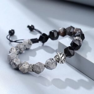 For When You Need Gentle Focus | Irregular Cut Obsidian Grey Jasper Sterling Silver Rolled Leaf Bead Bracelet | AetherFate