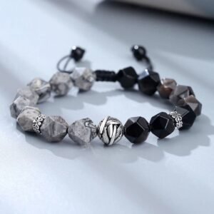 For When You Need Gentle Focus | Irregular Cut Obsidian Grey Jasper Sterling Silver Rolled Leaf Bead Bracelet