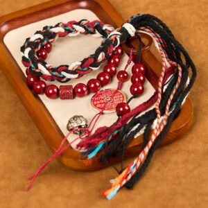 Buddha Stones Tibetan Mountain Ghosts Spend Money Cinnabar Double-Layer Red Rope Tassel Protection Bracelet