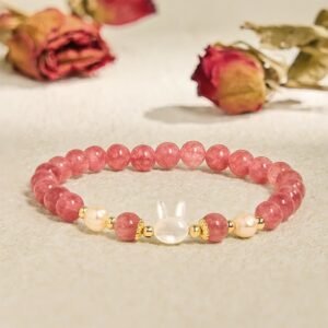 Buddha Stones Strawberry Quartz Pearl Cat Rabbit Healing Bracelet