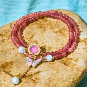 For When You Need Gentle Clarity | Strawberry Quartz Pearl Butterfly Water Drop Positive Double Wrap Bracelet | AetherFate