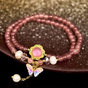 Buddha Stones Natural Strawberry Quartz Pearl Butterfly Water Drop Positive Double Wrap Bracelet