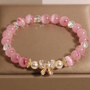 For When You Need Quiet Presence | Cherry Blossom Pink Cat's Eye Pearl Bow-knot Rosette Support Bracelet