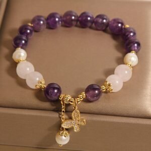 For When You Need Quiet Calm | Amethyst Pearl Crystal Butterfly Charm Bracelet | AetherFate