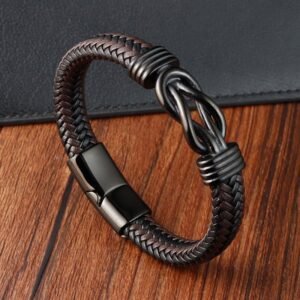 For When You Need Quiet Presence | Endless Knot Pattern Titanium Steel Balance Leather Buckle Bracelet
