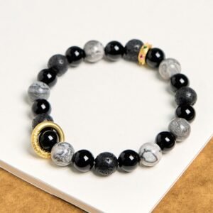 Quiet Presence, Worn Daily. Lava Rock Black Onyx Picasso Jasper Bracelet by AetherFate