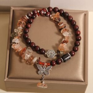 For When You Need Gentle Clarity | Rutilated Quartz Small Leaf Red Sandalwood Butterfly Charm Bracelet | AetherFate
