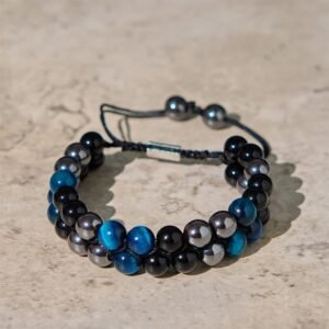 Buddha Stones Natural Blue Tiger Eye Black Magnetite Black Obsidian Double Row Beads Protection Bracelet