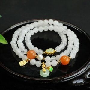 Quiet Wisdom, Worn Daily. White Jade Multi-layer Gourd Peace Buckle Fu Character Bracelet by AetherFate