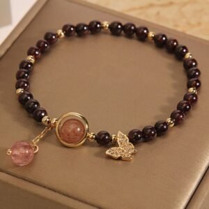 For When You Need Gentle Clarity | 3mm Ultra-thin Garnet Strawberry Quartz Butterfly Calm Bracelet | AetherFate