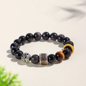 Gentle Focus, Worn Daily. Silver Sheen Obsidian Tiger Eye Om Mani Padme Hum Bracelet by AetherFate