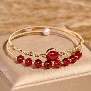 For When You Need Quiet Warmth | 14K Gold Filled Copper Red Agate Beads Confidence Metal Cuff Bracelet Bangle