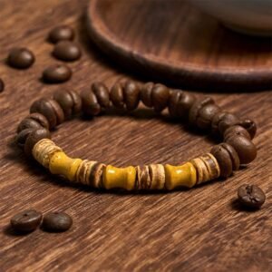 Quiet Wisdom, Worn Daily. Handmade Coffee Beans Coconut Shell Bamboo Jade Positive Bracelet by AetherFate