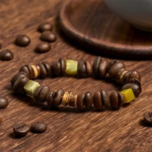 Handmade Coffee Beans Coconut Shell Square Jade Positive Bracelet | Your Quiet Daily Anchor for Quiet Wisdom | AetherFate