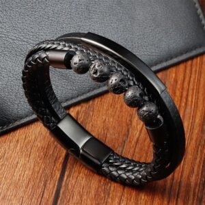 Leather Titanium Steel Lava Rock Strengthen Buckle Bracelet | Your Quiet Daily Anchor for Quiet Presence | AetherFate