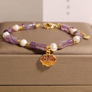 Quiet Calm, Worn Daily. Peace Lock Bamboo Shape Fu Character Amethyst Pearl Balance Bracelet by AetherFate