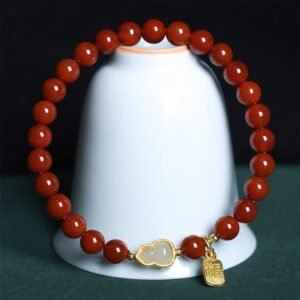 Quiet Wisdom, Worn Daily. South Red Agate Hetian Jade Gourd Positive Bracelet by AetherFate