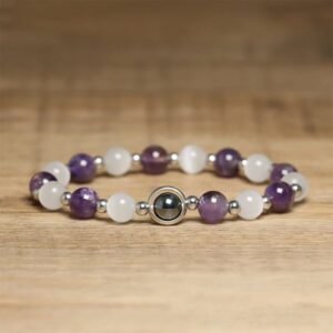 Quiet Calm, Worn Daily. Amethyst White Cat's Eye Beads Balance Bracelet by AetherFate