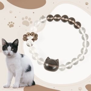 Gentle Clarity, Worn Daily. Japanese Bobtail Cat White Crystal Smoky Quartz Bracelet by AetherFate