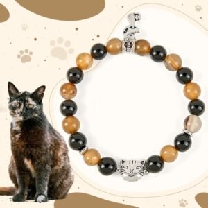 For When You Need Steady Presence | Tortoiseshell Cat Light Brown Striped Agate Black Onyx Bracelet