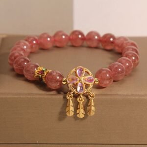 Strawberry Quartz Four Leaf Clover Dreamcatcher Charm Love Bracelet | Your Quiet Daily Anchor for Gentle Clarity | AetherFate