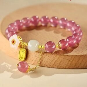 Strawberry Quartz Fu Character Pink Crystal Bracelet | Your Quiet Daily Anchor for Gentle Clarity | AetherFate