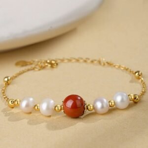 Gentle Focus, Worn Daily. Sterling Silver Pearl Cinnabar Bead Chain Bracelet by AetherFate