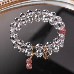 Gentle Clarity, Worn Daily. White Crystal Strawberry Quartz Attract Fortune Charm Bracelet by AetherFate