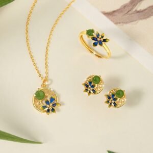For When You Need Gentle Focus | Sterling Silver Hetian Cyan Jade Flower Necklace Pendant Ring Earrings Set