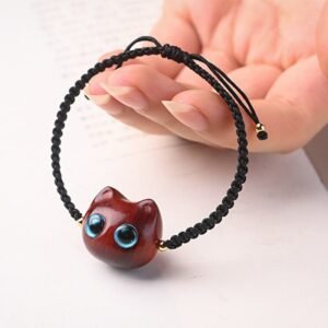 Small Leaf Red Sandalwood Ebony Wood Cute Cat Head Calm Braided Bracelet | Your Quiet Daily Anchor for Quiet Presence | AetherFate
