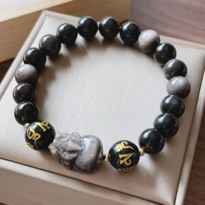For When You Need Gentle Focus | Silver Sheen Obsidian Black Obsidian Om Mani Padme Hum Pixiu Bracelet