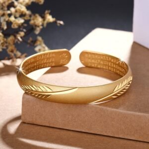 For When You Need Quiet Connection | Feather Heart Sutra Engraved Pattern Copper Cuff Bracelet Bangle