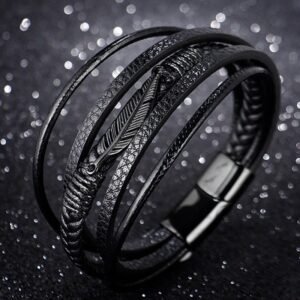 Feather Pattern Multilayer Leather Titanium Steel Calm Braided Magnetic Buckle Bracelet | Your Quiet Daily Anchor for Quiet Presence | AetherFate