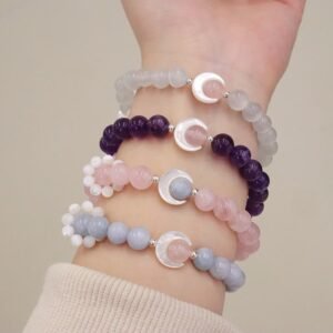 Gentle Focus, Worn Daily. Sterling Silver Amethyst Aquamarine Pink Crystal Cat's Eye Crescent Moon Bracelet by AetherFate