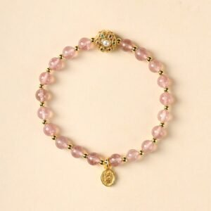 Quiet Warmth, Worn Daily. 14K Gold Plated Strawberry Quartz Labradorite Sun Stone Fu Character Positive Charm Bracelet by AetherFate