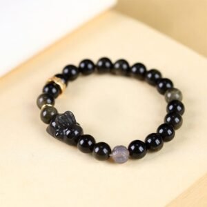 Gentle Focus, Worn Daily. Gold Sheen Obsidian Black Obsidian Silver Sheen Obsidian Cute Rabbit Bracelet by AetherFate