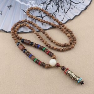 For When You Need Quiet Presence | Tibetan Om Mani Padme Hum Dzi Bead Wenge Wood Necklace Pendant