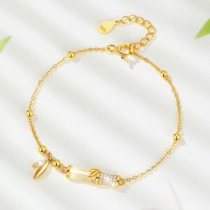 For When You Need Gentle Focus | Sterling Silver 18K Gold Plated White Jade Bamboo Zircon Leaf Bracelet