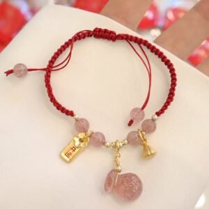 Strawberry Quartz Money Bag Lotus Charm Red String Braided Bracelet | Your Quiet Daily Anchor for Gentle Clarity | AetherFate
