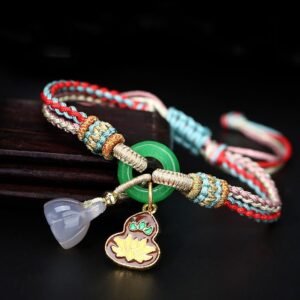For When You Need Quiet Wisdom | Colorful Rope Chalcedony Lotus Jade Peace Buckle Harmony Gourd Charm Bracelet